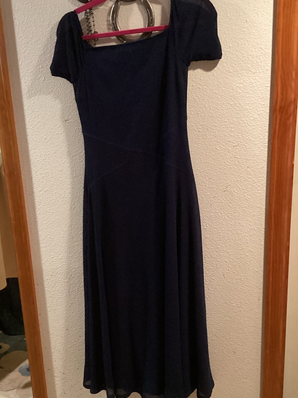 Astr Navy Square-Neck Midi Dress with Short Sleeves